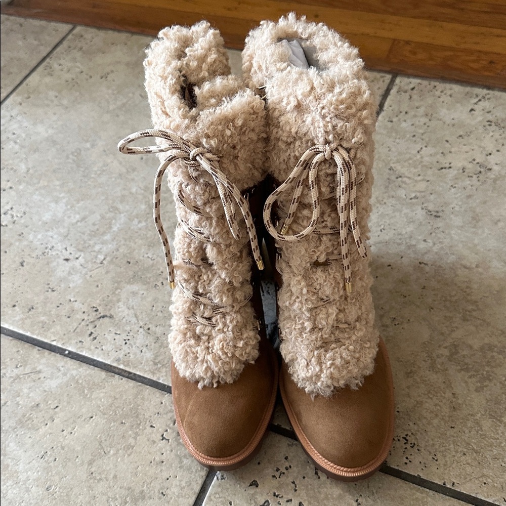 JLO Cozy Faux Fur Lace-Up Heeled Boots W10